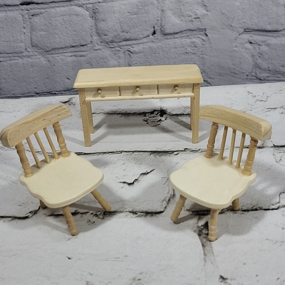 Wooden Dollhouse Furniture Lot Of 3pcs Desk Table Dining Chairs